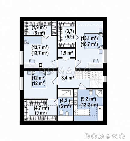 Проект комфортного загородного дома с панорамным остеклением гостиной, гаражом, кладовой и мастер-спальней на мансарде / План мансардного этажа