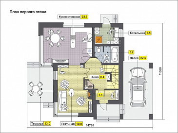 Проект уютного загородного дома с парной в цокольном этаже, навесом для машины, тремя спальнями на мансардном этаже / План 1 этажа