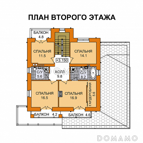 Проект дома с цокольным этажом и большой крытой террасой / План 2 этажа