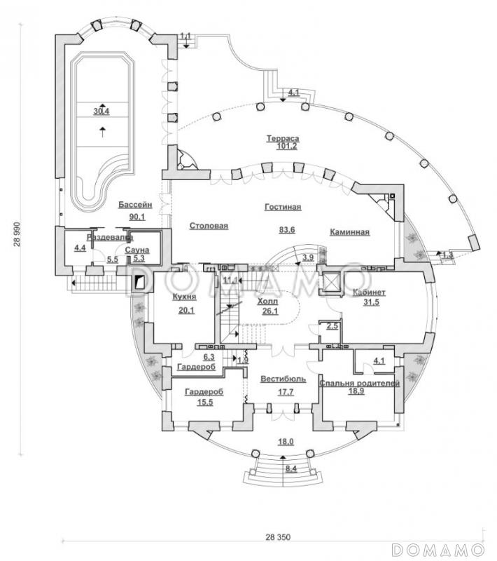 Проект коттеджа с бассейном и стеклянным куполом / План 1 этажа