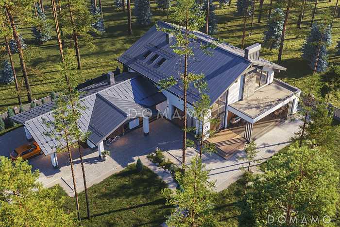 Проект Г-образного дома из газобетона с 3 спальнями, изолированной кухней и зоной барбекю на террасе