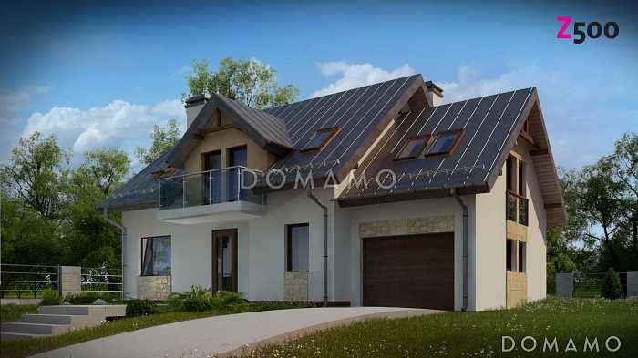 Проект одноэтажного коттеджа из газобетона с мансардным этажом, пятью спальнями и гаражом