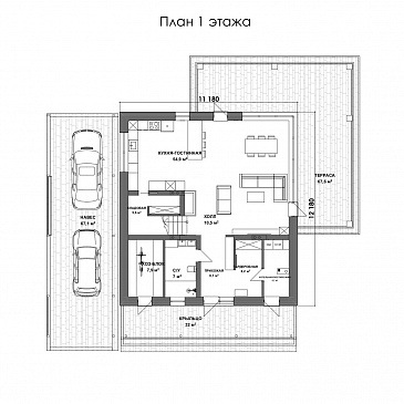 Проект двухэтажного дома с мастер-спальней, балконом и большой крытой террасой / План 1 этажа