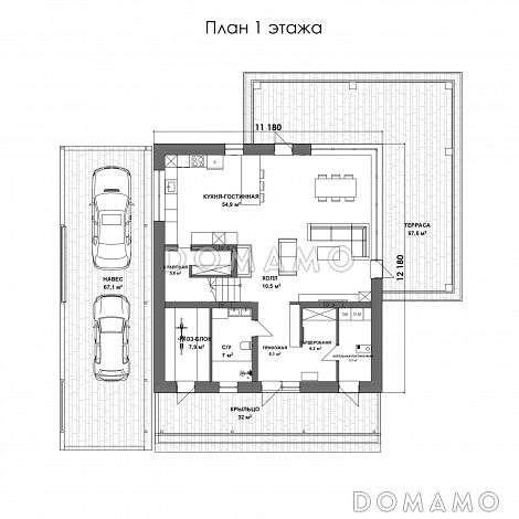 Проект двухэтажного дома с мастер-спальней, балконом и большой крытой террасой / План 1 этажа