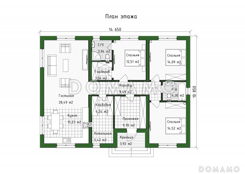 Проект уютного дома с мастер-спальней, большой гостиной и просторной гардеробной / План 1 этажа