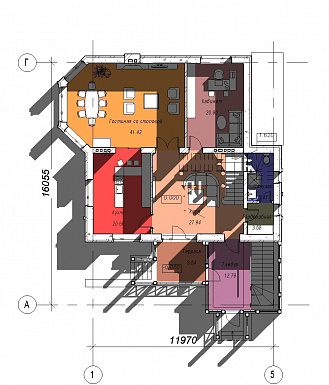 Проект двухэтажного дома с эркером и зимним садом, бильярдной и тренажерным залом на цокольном этаже / План 1 этажа