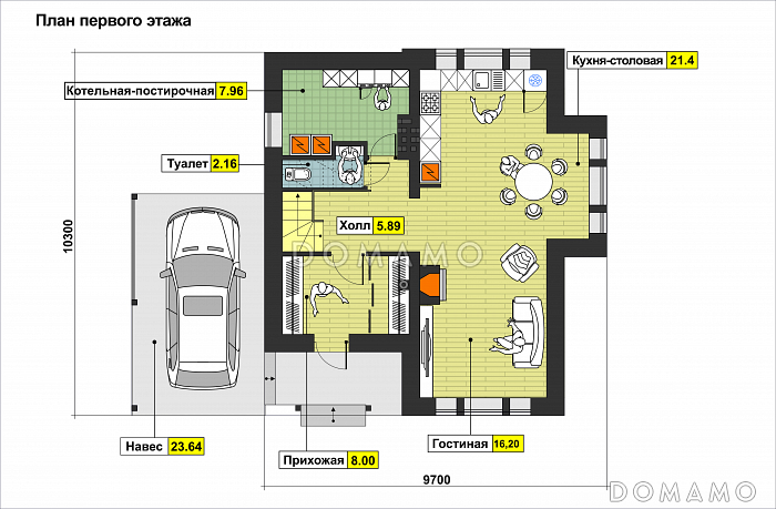 Проект дома с навесом для машины, котельной-постирочной, совмещенной кухней и гостиной / План 1 этажа