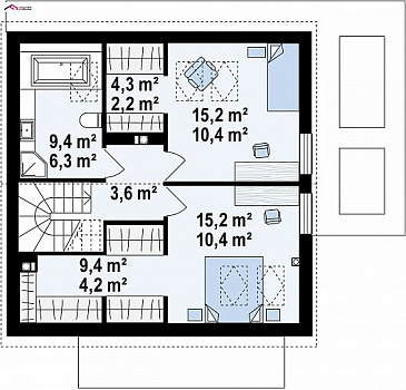 Проект компактного одноэтажного мансардного дома из кирпича с кабинетом и двумя спальнями / План мансардного этажа