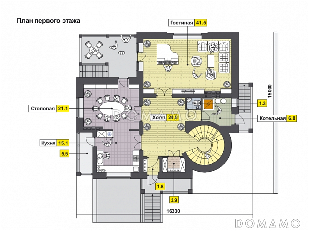Дом с башней и зеленой крышей, с цокольным этажом, гаражом на одну машину / План 1 этажа