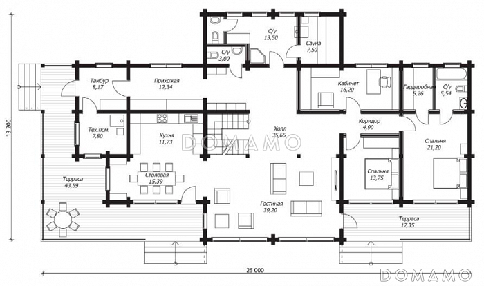 Проект дома из клееного бруса с сауной на первом этаже / План 1 этажа