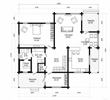 Проект дома из клееного бруса с тремя террасами / План 1 этажа