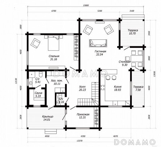 Проект дома из клееного бруса с тремя террасами / План 1 этажа