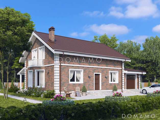 Проект дома с 4 спальнями, эркером в гостиной, террасой и пристроенным гаражом