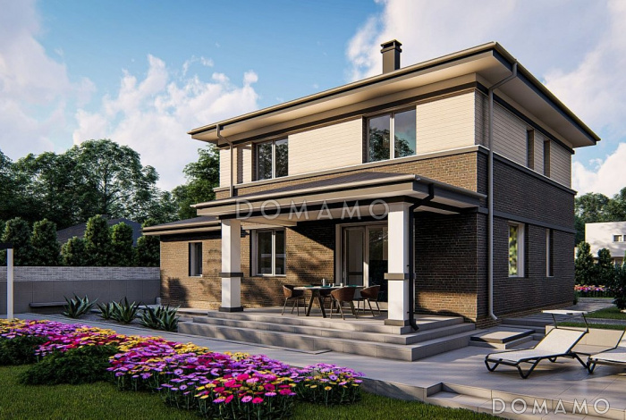 Проект двухэтажного дома с котельной в гараже, кладовой, крытой террасой