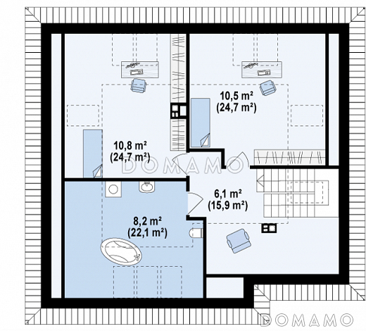 Проект мансардного дома из газобетона с двумя спальнями на первом этаже и двумя на мансарде / План мансардного этажа