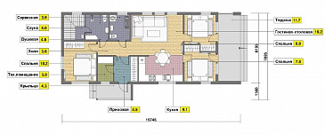 Проект одноэтажного каркасного дома с тремя спальнями, сауной и крытой террасой / План 1 этажа