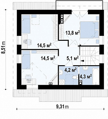 Проект компактного одноэтажного мансардного дома из кирпича квадратной формы с барбекю на террасе / План мансардного этажа