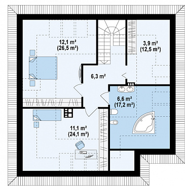 Проект одноэтажного дома из кирпича с двумя спальнями и крытой террасой с жилой мансардой / План мансардного этажа