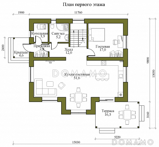 Проект двухэтажного каркасного дома со вторым светом и детской на втором этаже / План 1 этажа
