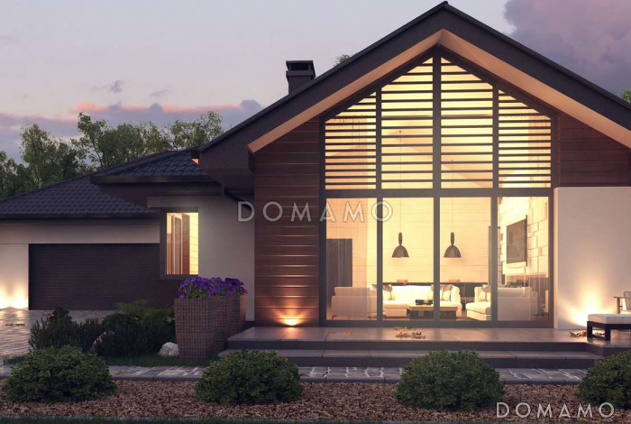 Проект просторного одноэтажного дома из газобетона с четырьмя спальнями, гаражом и панорамным остеклением гостиной