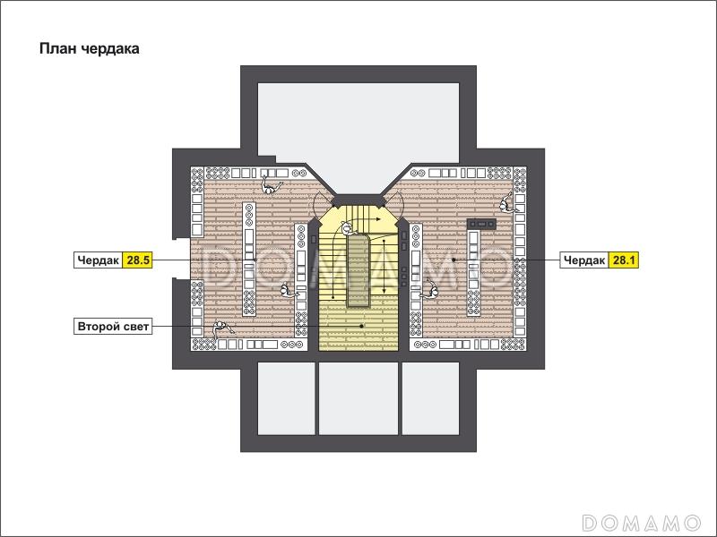 Проект дома с эркером, цокольным этажом с окнами, бассейном и сауной, вторым светом, спальней с балконом / План мансардного этажа