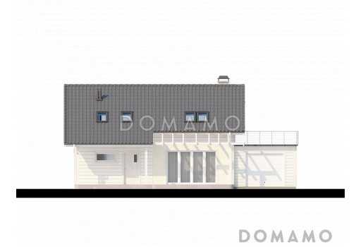 Проект одноэтажного мансардного дома из газобетона с террасой над гаражом  / Фасад 1