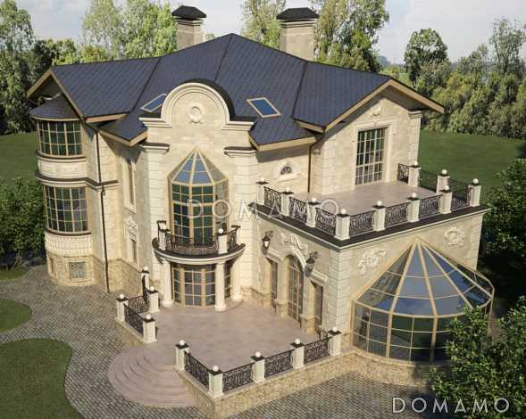 Проект дома с открытой террасой главного входа и пристроенным бассейном  