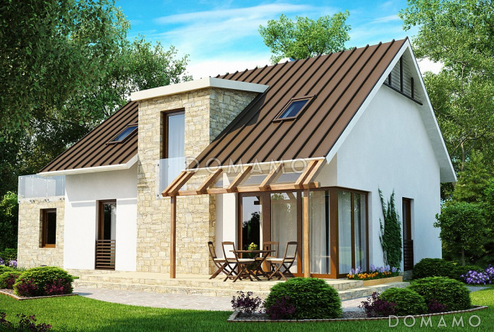 Проект одноэтажного мансардного дома из газобетона с кабинетом, гаражом и террасой над ним