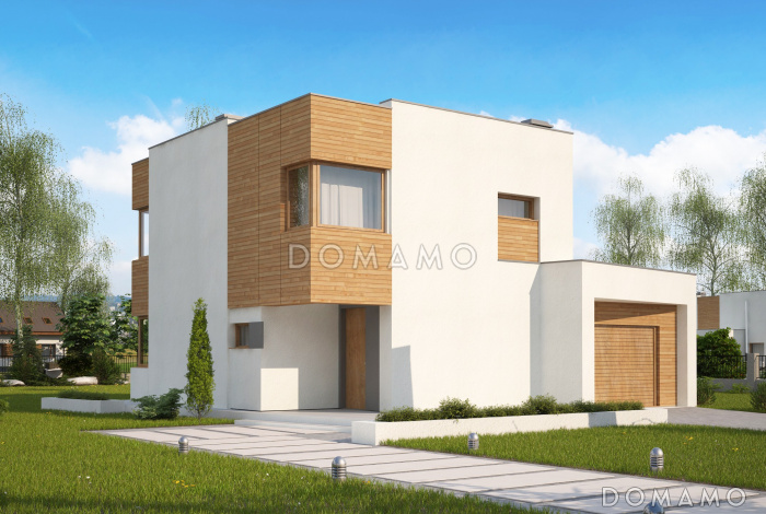 Проект двухэтажного дома из кирпича в стиле кубизм со спальной зоной на втором этаже и с гаражом