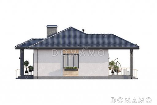 Проект компактного одноэтажного дома с общей вальмовой кровлей над входной группой и террасой и комбинированной отделкой фасада декоративной штукатуркой и планкеном / Фасад 1