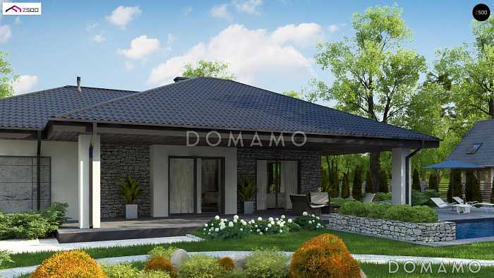 Проект одноэтажного дома из кирпича с просторной гостиной, тремя спальнями и гаражом