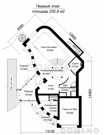 Проект современного бассейна со сложной формой  / План 1 этажа