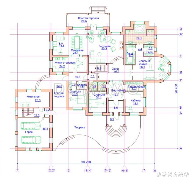 Проект просторного коттеджа с гаражом и хоз блоком / План 1 этажа
