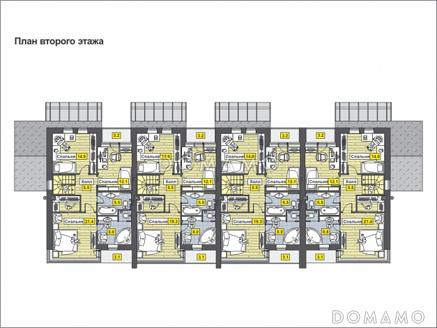 Проект дома с крытой террасой, балконами, круглыми окнами, большой кухней-столовой / План мансардного этажа