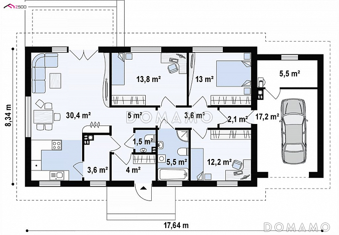 Проект классического одноэтажного дома из кирпича с тремя спальнями, светлой гостиной и гаражом / План 1 этажа