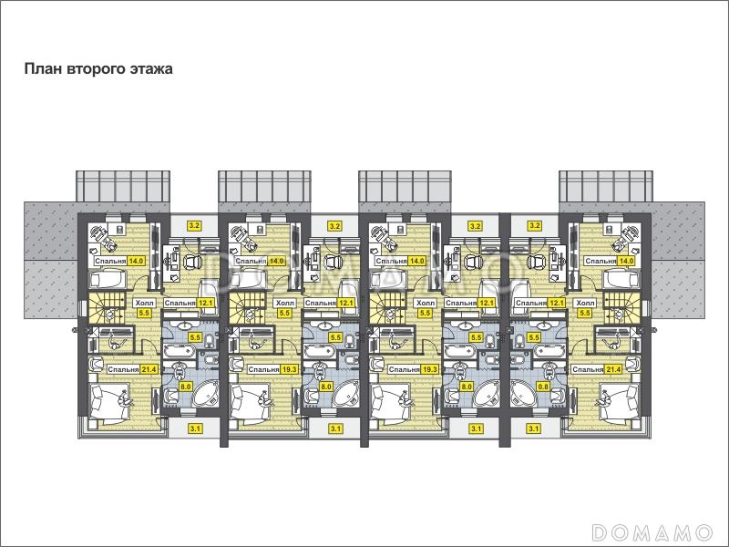 Проект дома с крытой террасой, балконами, круглыми окнами, большой кухней-столовой / План мансардного этажа