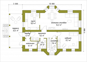 Проект коттеджа с эркером и французскими балконами. / План 1 этажа