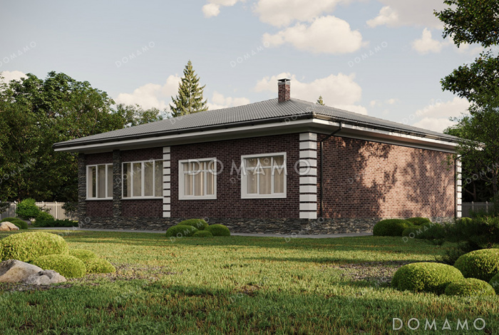 Проект одноэтажного дома с большим тамбуром, тремя комнатами, верандой и террасой