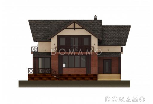 Проект дома с 4 спальнями, свободной планировкой кухни-гостиной-столовой и балконами на мансарде / Фасад 1