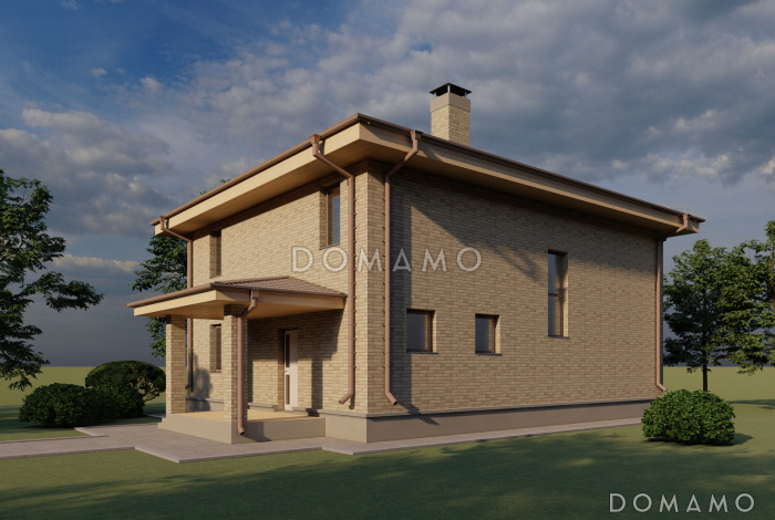 Проект двухэтажного дома с крытой террасой и четырьмя спальнями