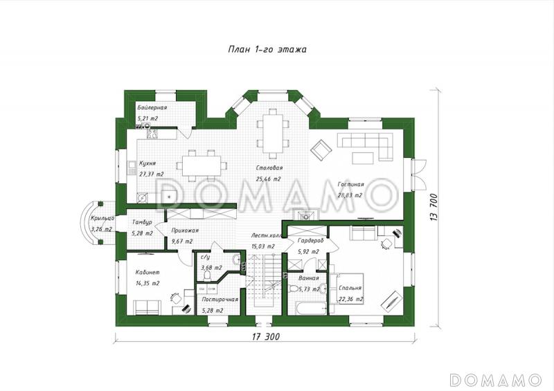Проект двухэтажного дома из газобетона с эркером в кухне-столовой / План 1 этажа