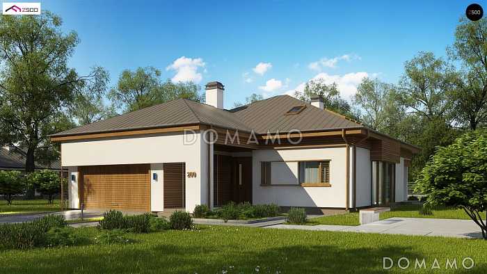 Проект одноэтажного мансардного дома из газобетона со стеклянным эркером и гаражом на два автомобиля