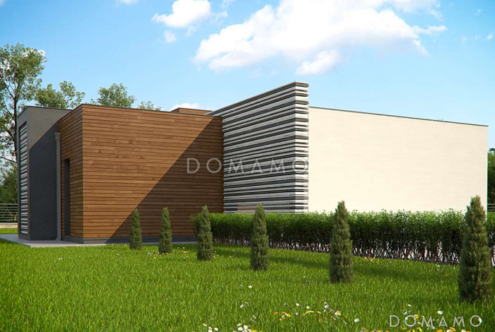 Проект одноэтажного дома из газобетона с плоской крышей, большой площадью остекления и крытой террасой, увеличенная версия