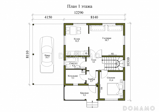 Проект двухэтажного дома с навесом и балконом / План 1 этажа