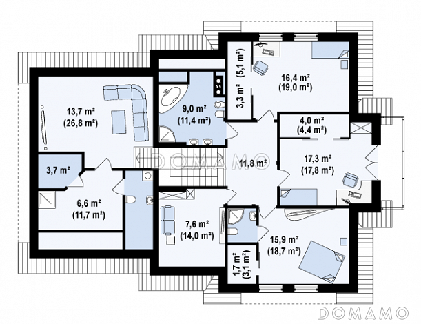 Проект просторного комфортного мансардного дома из кирпича с необычной планировкой и гаражом / План мансардного этажа