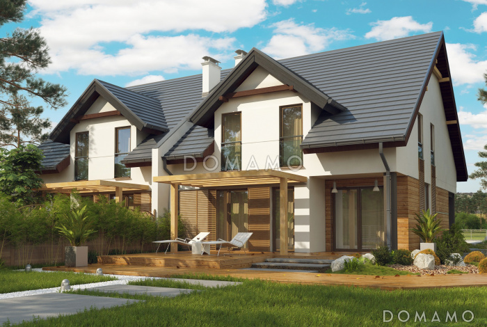 Проект мансардных домов-близнецов из кирпича с гаражом и французскими балконами