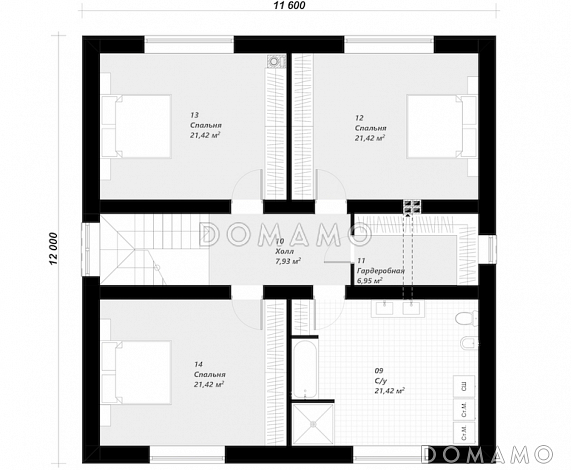 Проект двухэтажного дома с 4 спальнями и просторной ванной комнатой / План мансардного этажа