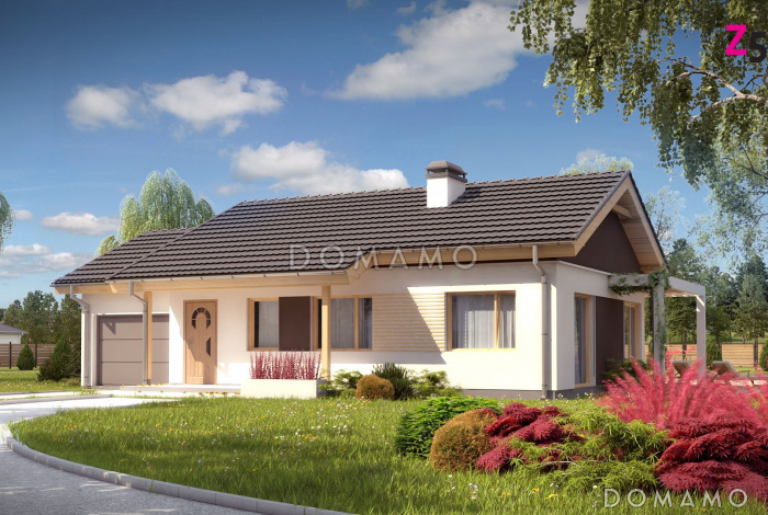 Проект одноэтажного дома из кирпича с большой светлой гостиной и с пристроенным гаражом