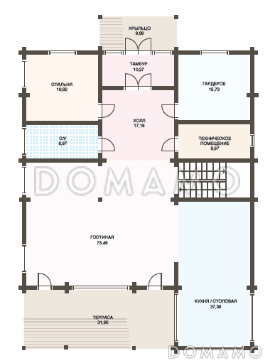 Проект дома из клееного бруса с большими окнами / План 1 этажа