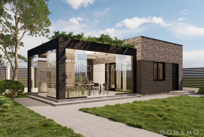 Проект одноэтажной бани в стиле хай-тек с мангальным комплексом